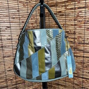 Kate Landry leather and suede seafoam Blue and Green Patchwork Shoulder Bag